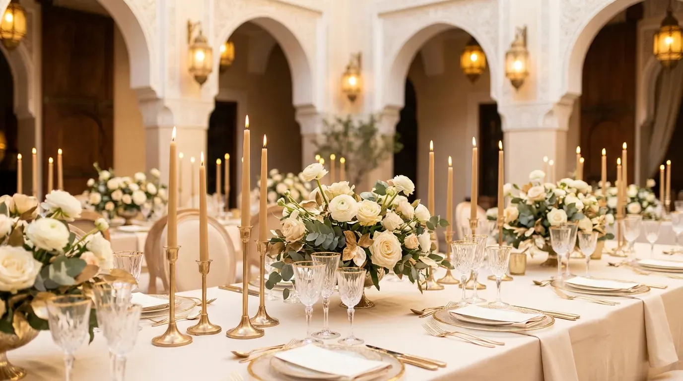 Table dressée aux tons dorés par Table D’Or pour un baby shower élégant